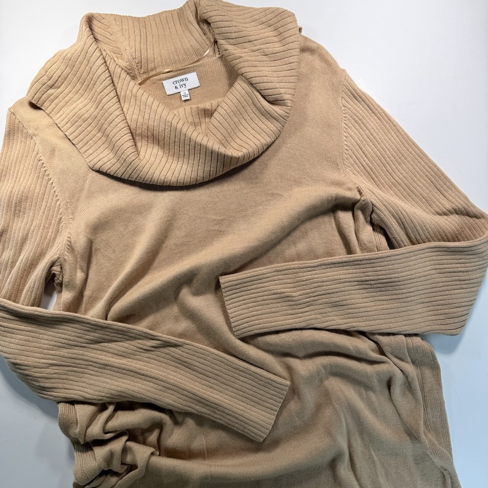 Crown & Ivy Women's Cowl Neck Sweater Med Camel Classic Cotton Blend